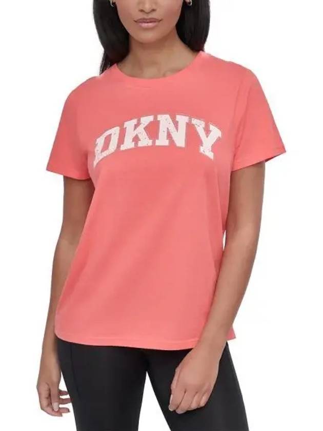 우먼 DKNY 디케이앤와이 액티브 Rhinestone Logo 디스트레스드 크루넥 코튼 티셔츠 코랄 Crush eggnog 10349508