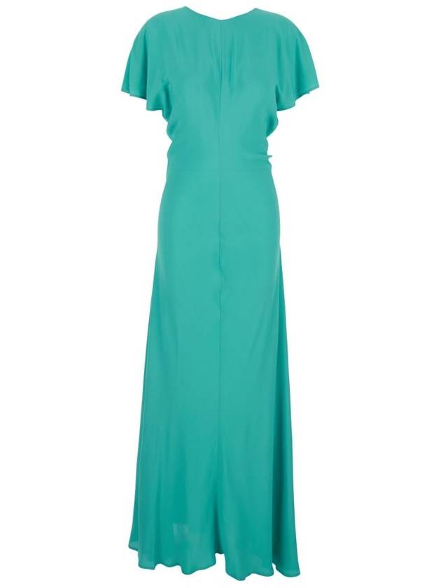 세미쿠튀르 V자형 등받이 네크라인과 끈 잠금 장치가 있는 실크 블렌드 여성용 블루 롱 드레스 S5SU34O090