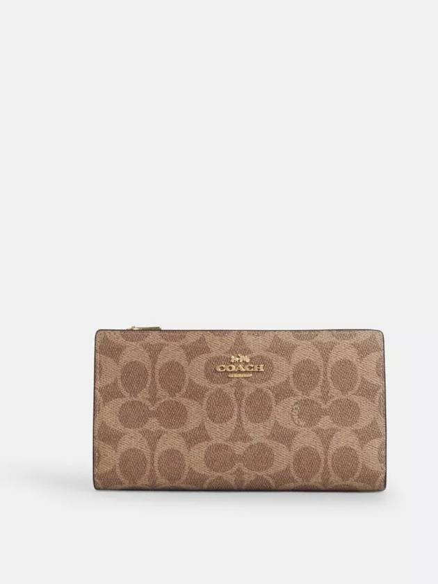 코치 슬림 지퍼 월렛 시그니처 캔버스 장지갑 Gold Tan Brown