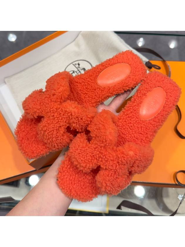 여성 에르메스 오란 샌들 울스킨 오렌지