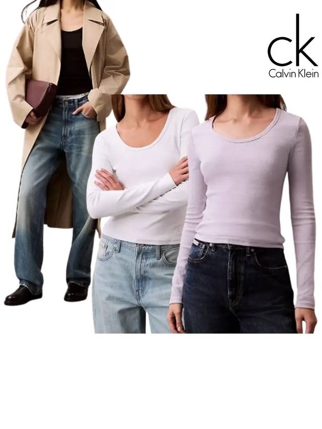 캘빈클라인 긴팔 여성 베이직 리브 슬림핏 탑 티셔츠 블랙 화이트 바이올렛