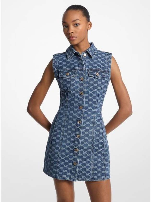마이클코어스 로고 쟈카드 스트레치 스판 데님 나시 셔츠 원피스 드레스 DUSK BLUE WASH