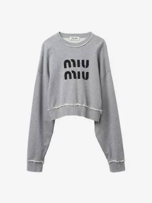 W 미우 미우 자수 코튼 플리스 스웨트셔츠 그레이 W Miu Miu Embroidered Cotton Fleece Sweatshirt Grey