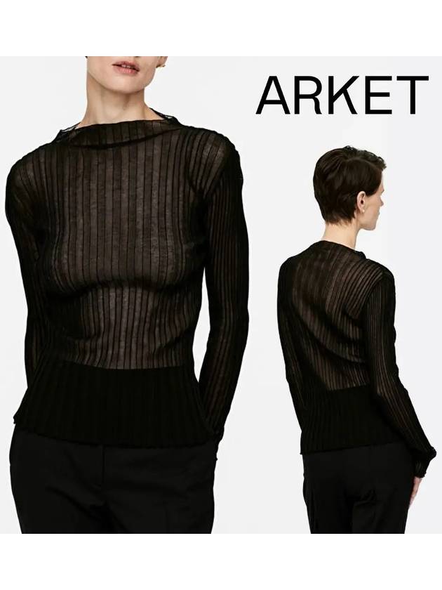 아르켓 맨투맨 여성 시스루 리브드 탑 티셔츠 블랙