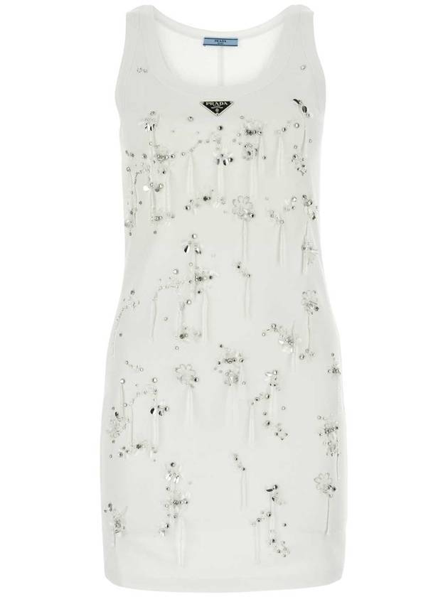 프라다 자수 장식 골지 저지 미디원피스 화이트
