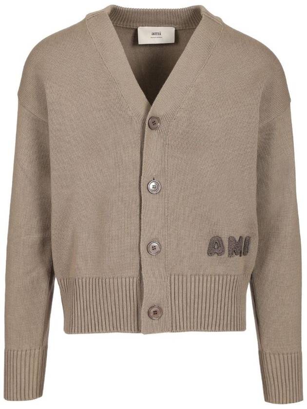 아미 브이넥 로고 디테일 가디건 애쉬