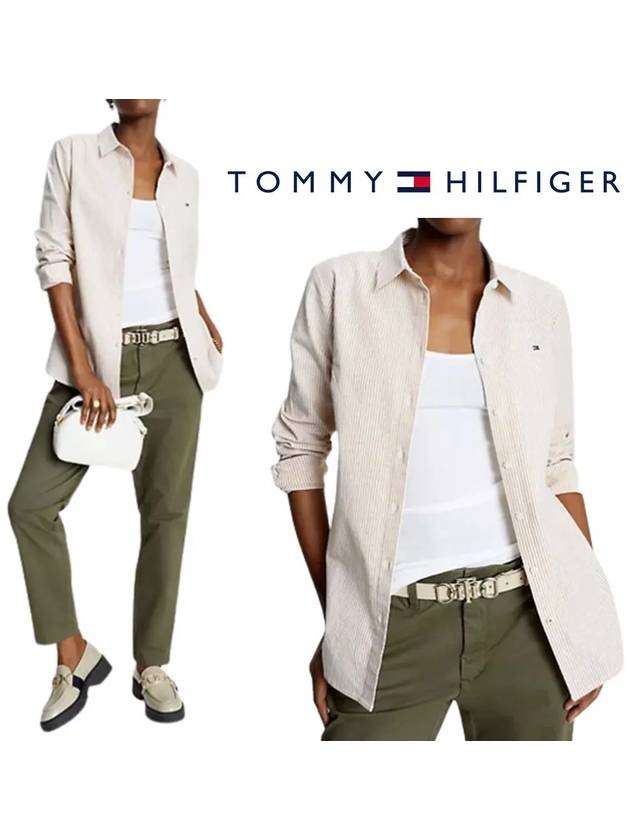 타미힐피거 여성 스트라이프 레귤러핏 롱슬리브 탑 셔츠 베이지