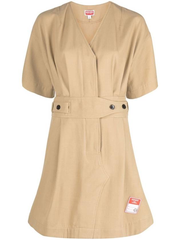 겐조 V넥 셔츠 벨트 코튼 숏 원피스 베이지