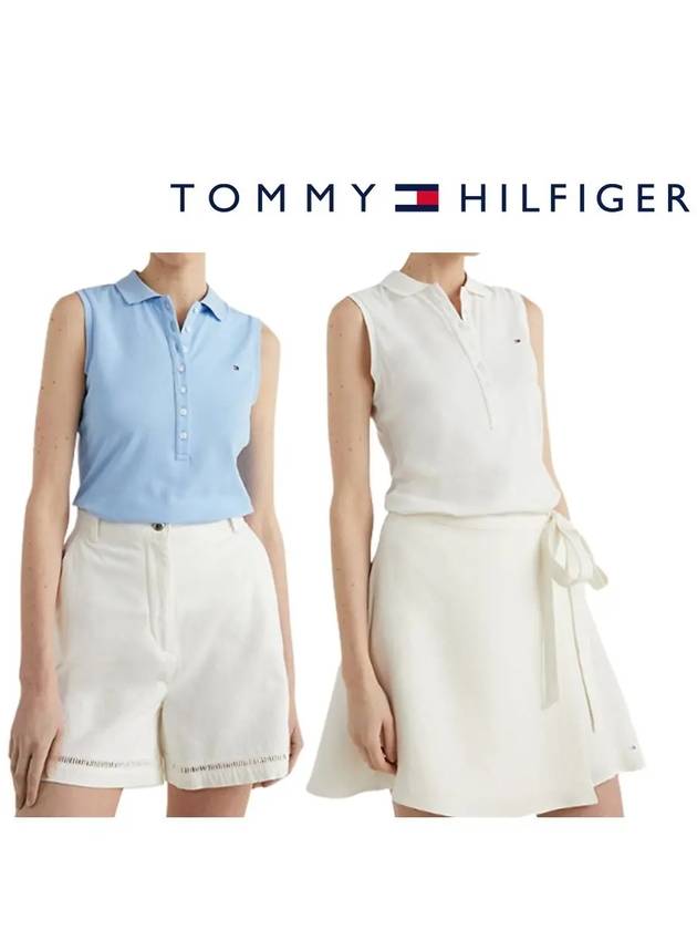 타미힐피거 여성 슬림핏 민소매 카라 탱크 탑 나시 티셔츠 화이트 스카이블루