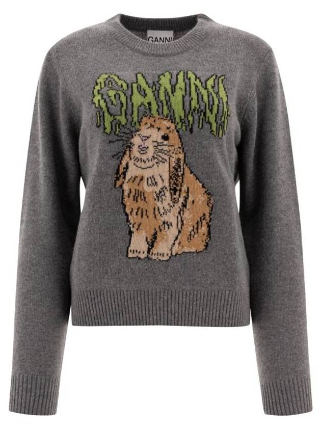 가니 그래픽 울 믹스 버니 크루넥 니트탑 그레이