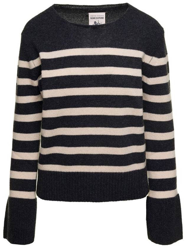 세미쿠튀르 울 여성의 넓은 크루넥과 긴 소매가 있는 그레이 스트라이프 스웨터 Y3WG15RG058