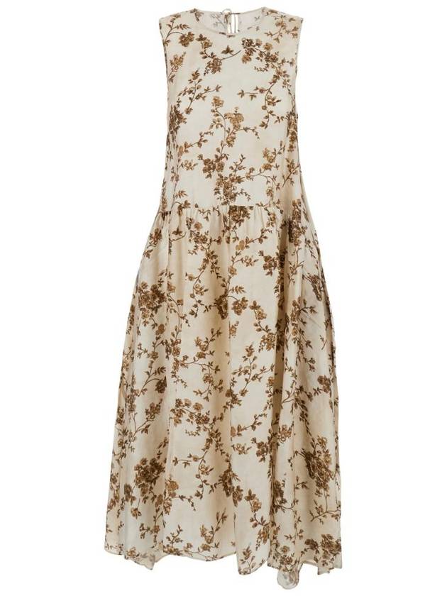 우마왕 비스코스와 큐프로 블렌드 소재의 올오버 플로럴 모티브와 플리츠 스커트가 돋보이는 & 39 에이버리& 39 베이지색 드레스 여성 UW5053UW016