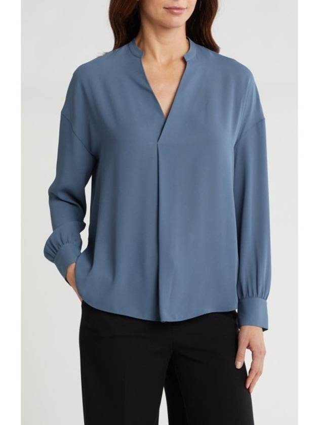 VINCE 빈스 플리츠 프론트 롱 슬리브 긴팔 블라우스 AQUA STONE