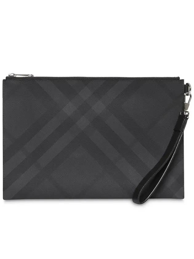 버버리 런던 체크 레더 지퍼 클러치백 다크 차콜