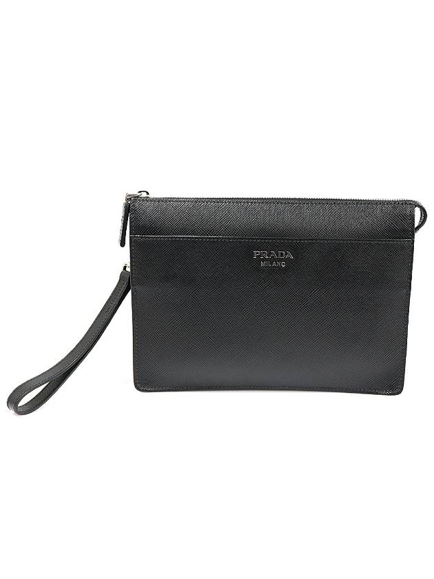 2VF019 블랙 사피아노 뀌르 은장 레터링 로고 스트랩 파우치 클러치