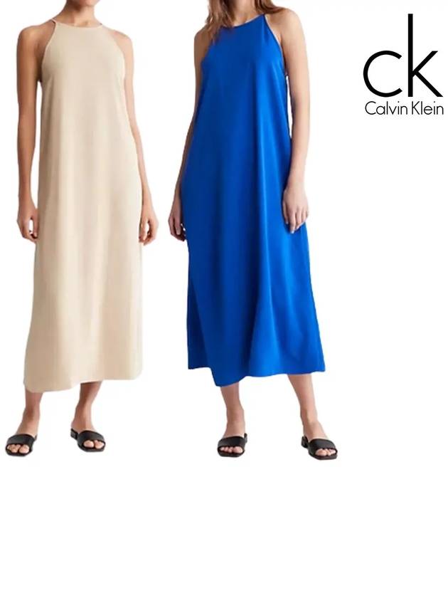 캘빈클라인 여성 맥시 홀터넥 슬립 드레스 원피스 베이지 블루