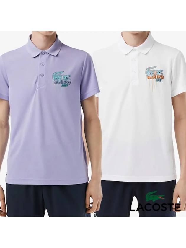 라코스테 마이애미 오픈 에디션 스포츠 피케 카라 폴로 탑 반팔티셔츠 화이트 퍼플