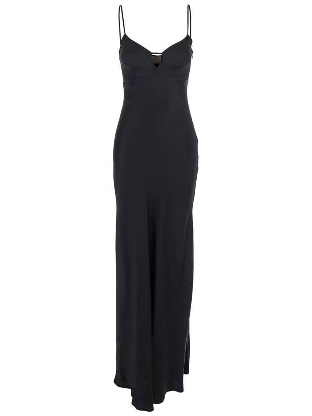 TWINSET 얇은 어깨 끈과 뒷면에 금속 로고 플라크가 있는 테크 패브릭 여성용 블랙 롱 드레스 251TP265300006