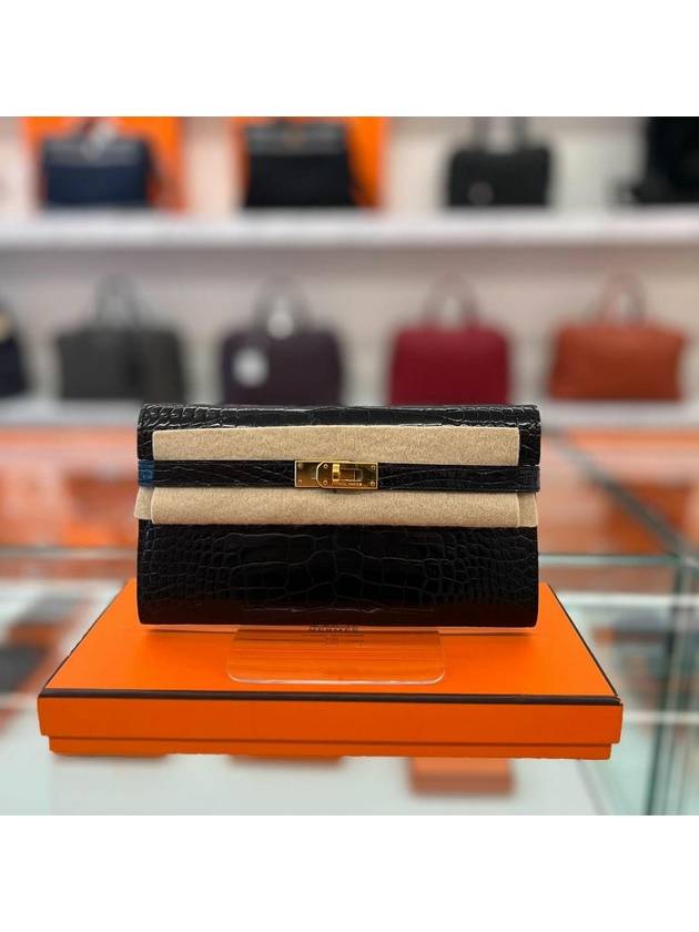 에르메스 켈리 악어 장지갑 블랙 금장 유광 USED