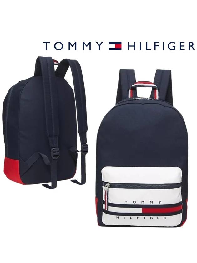 타미힐피거 여성 컬러블록 TH 캔버스 백팩 가방 네이비