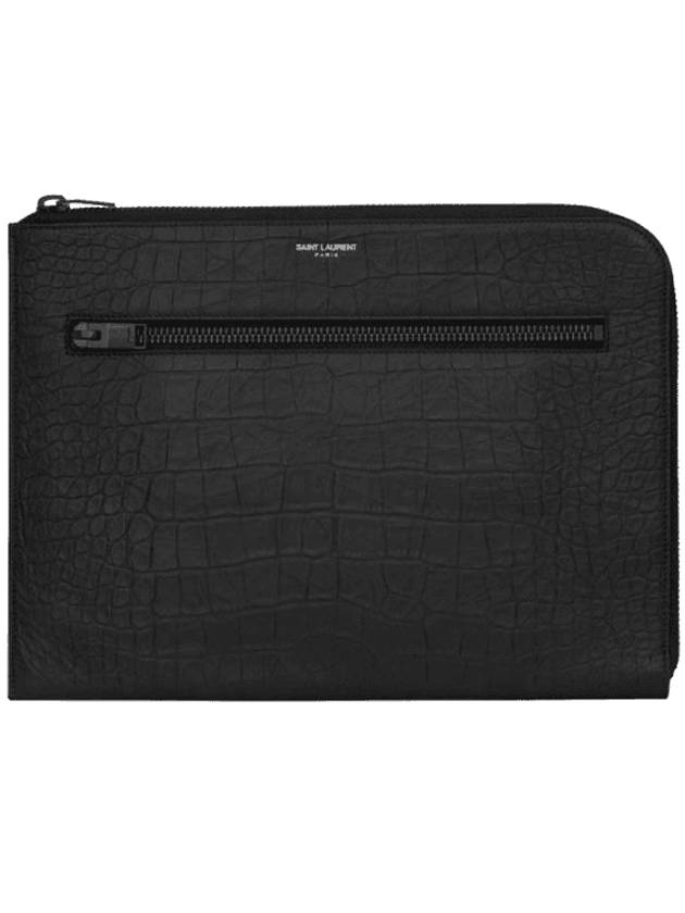 생로랑 지퍼 디테일 로고 크로커다일 클러치 백 블랙