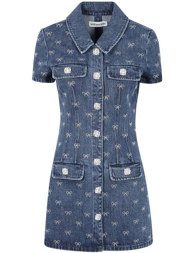 셀프 포트레이트 데님 디아만테 보우 칼라 미니 드레스 SS25830SBL_BLUE