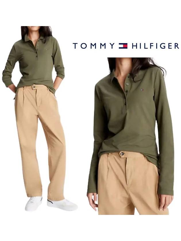 타미힐피거 여성 클래식 로고 슬림핏 폴로 탑 긴팔티셔츠 카키