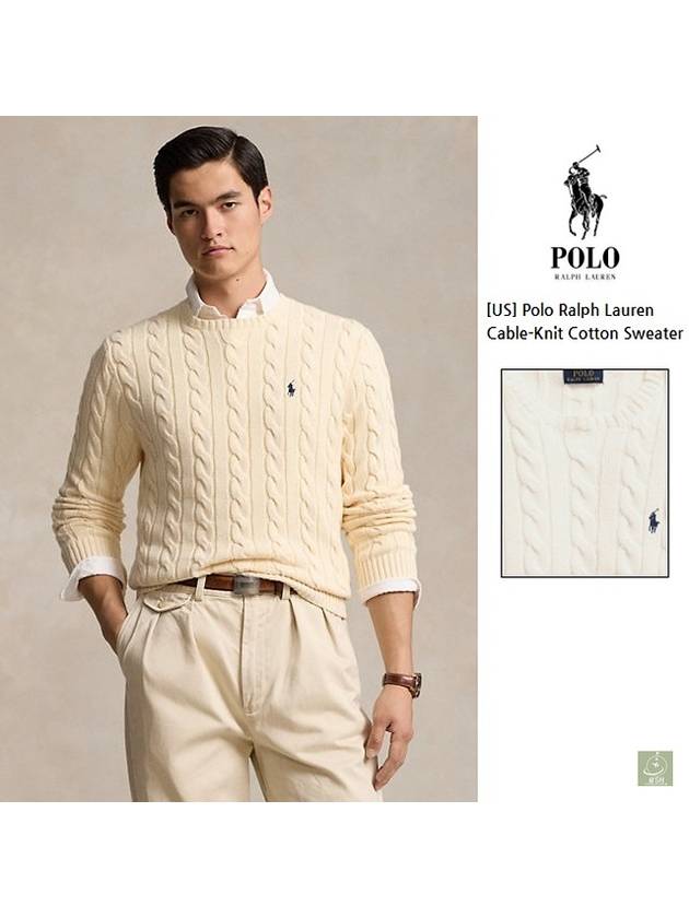폴로 랄프로렌 남자 크루넥 케이블 니트 코튼 스웨터 포니 로고 Andover Cream