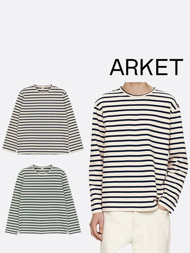 아르켓 남자 스트라이프 크루넥 티셔츠 네이비스트라이프 그린스트라이프