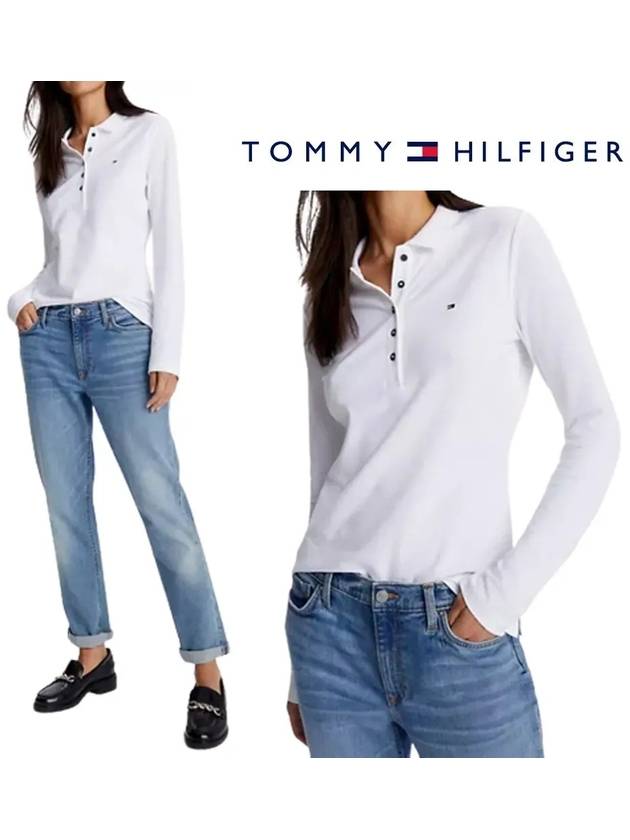 타미힐피거 여성 클래식 로고 슬림핏 폴로 탑 긴팔티셔츠 화이트