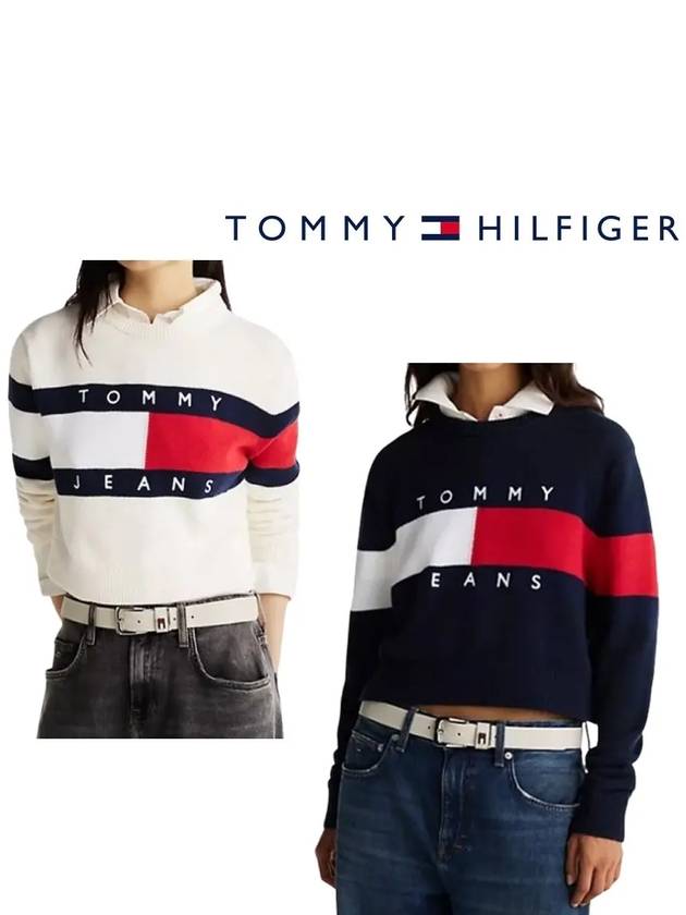 타미힐피거 니트 여성 플래그 라지 로고 탑 티셔츠 네이비 아이보리