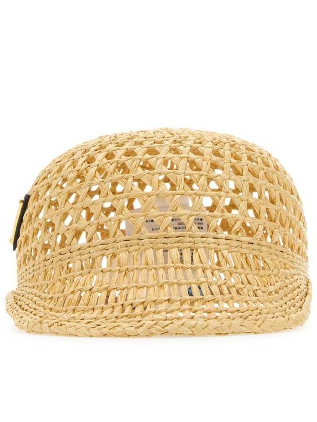 프라다 로고 장식 우븐 라피아 볼캡 베이지