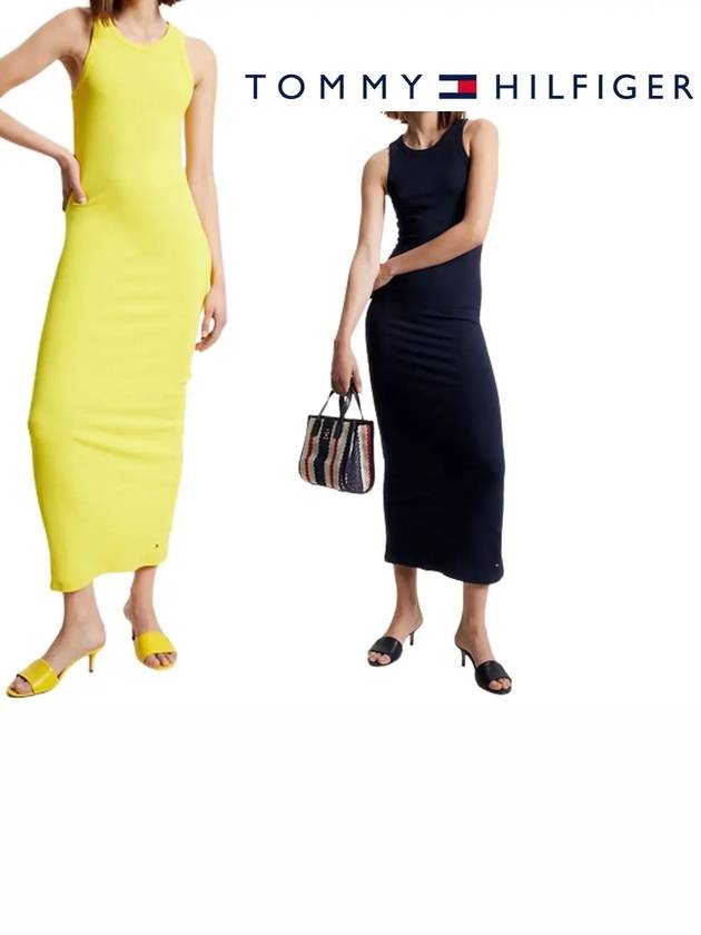 타미힐피거 여성 리브드 슬림핏 나시 드레스 원피스 네이비 옐로우