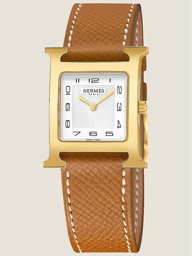 HERMES 에르메스 H 아워 Heure H MM 30mm 미디엄 골드 프레임 엡송 카멜 스트랩 손목 시계