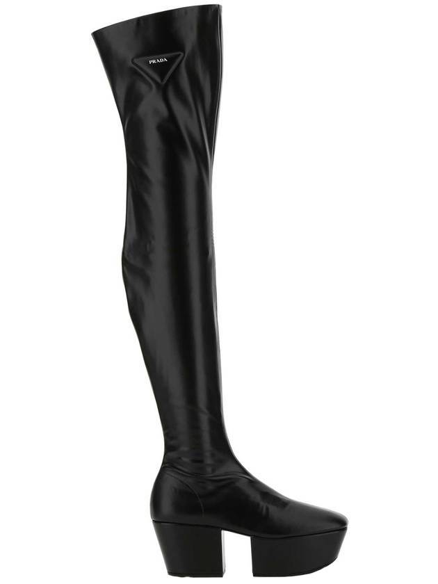 프라다 삼각 로고 오버 더 니 플랫폼 롱부츠 블랙