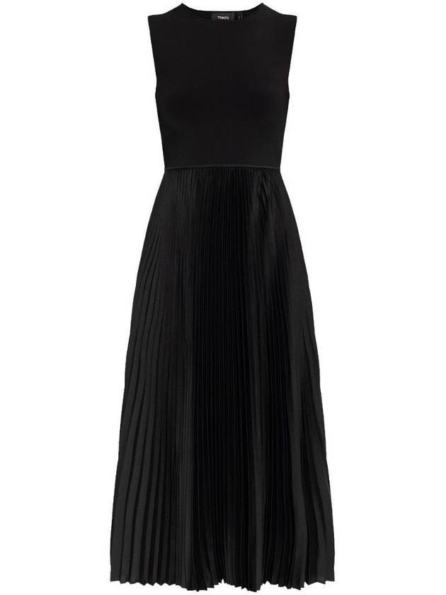 띠어리 플리티드 콤보 텍스처 사틴 미디원피스 블랙