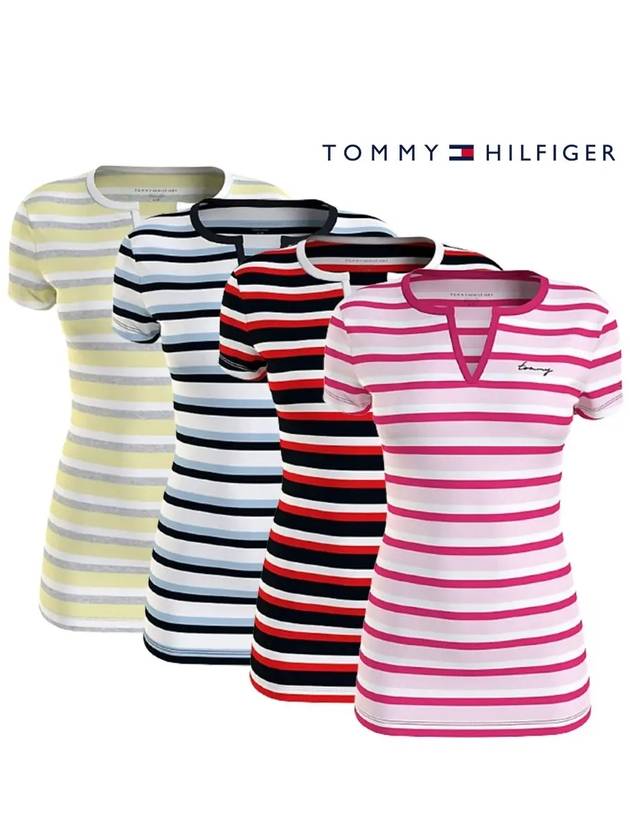 타미힐피거 반팔티 스트라이프 스플릿 넥 4컬러 여성티셔츠 여자무지면티 오버핏