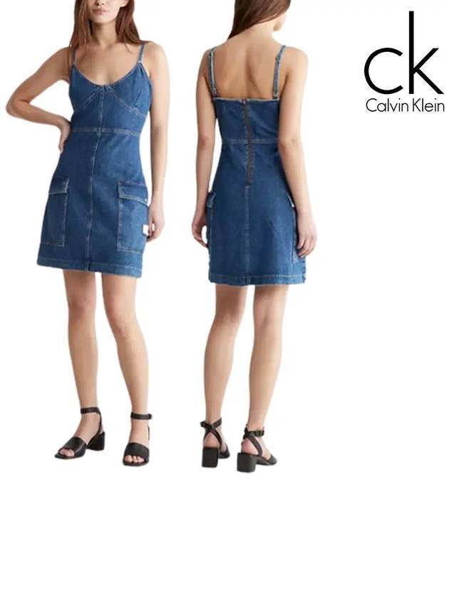 캘빈클라인 여성 유틸리티 데님 시밍 뷔스티에 드레스 원피스 데님