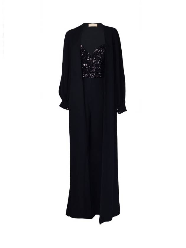 Elie Saab 케이프 디테일 시퀸 플레어 레그 점프수트