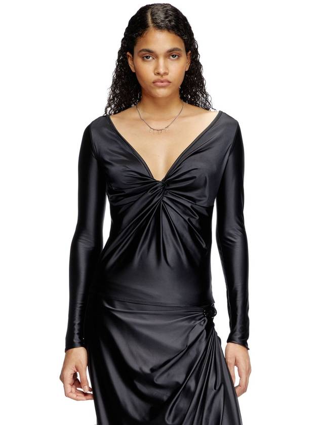 Diesel - Long sleeved gathered V-neck top with chintz finish - T-Shirts - Woman - Black