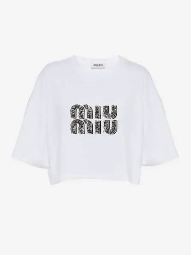W 미우 미우 크롭 자수 코튼 티셔츠 화이트 크리스탈 W Miu Miu Cropped Embroidered Cotton T Shirt White Crystal