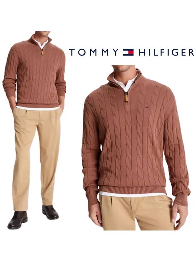 타미힐피거 로고 케이블 니트 반집업 탑 긴팔 스웨터 카멜