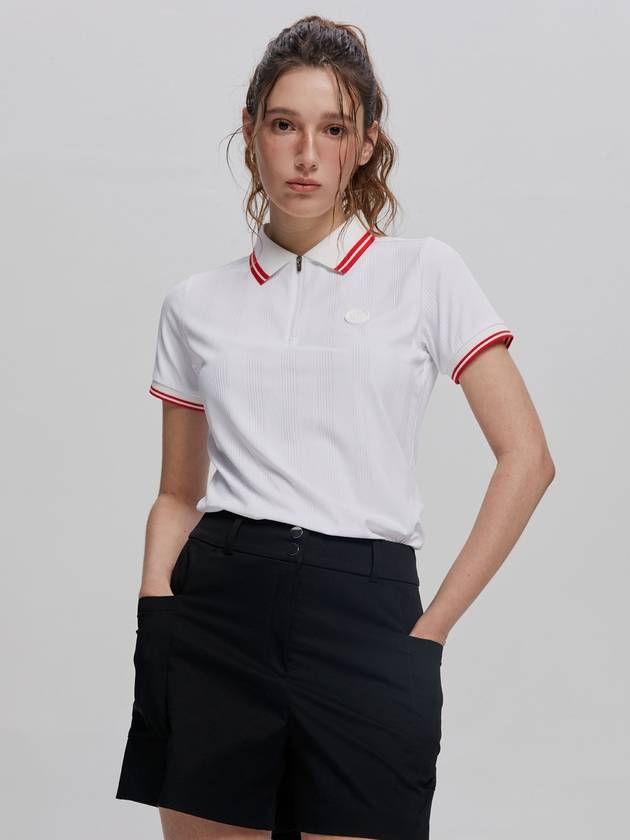 여성 골지 반팔 카라 하프 집업 티셔츠 WHITE