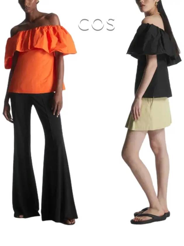 코스 네클라인 볼륨 오픈 숄더 프리 탑 티셔츠 오렌지 블랙