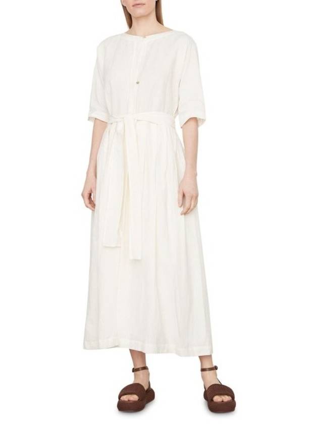 빈스 보트넥 벨트 린넨 & 코튼 면 원피스 드레스 OPTIC WHITE