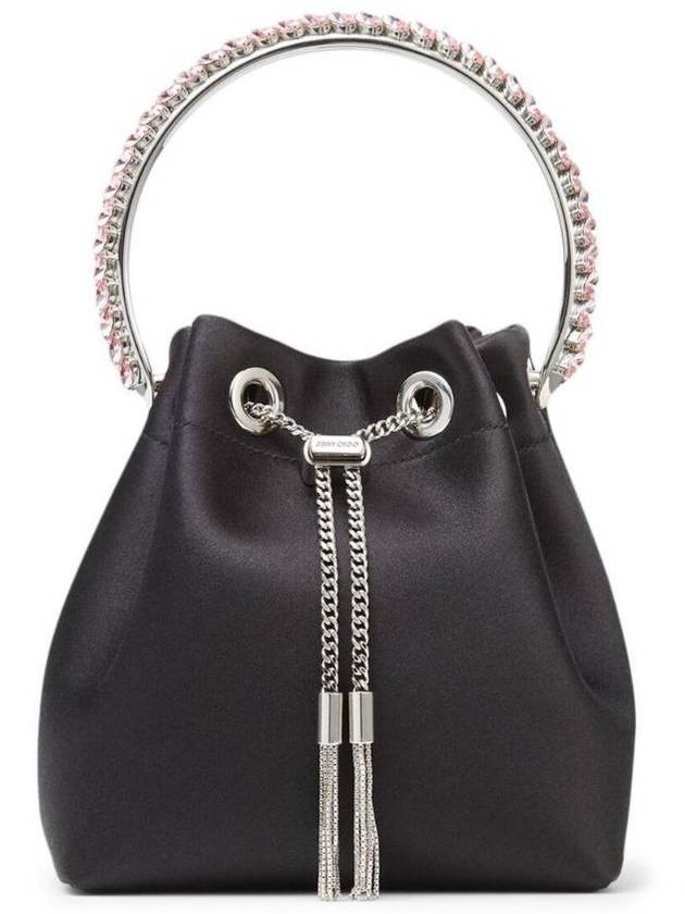 JIMMY CHOO & 39 BON BON& 39 새틴 패브릭 소재의 메탈 크리스탈 팔찌 손잡이가 있는 미니 블랙 핸드백 여성 BONBONVKMBLACKCRYSTAL