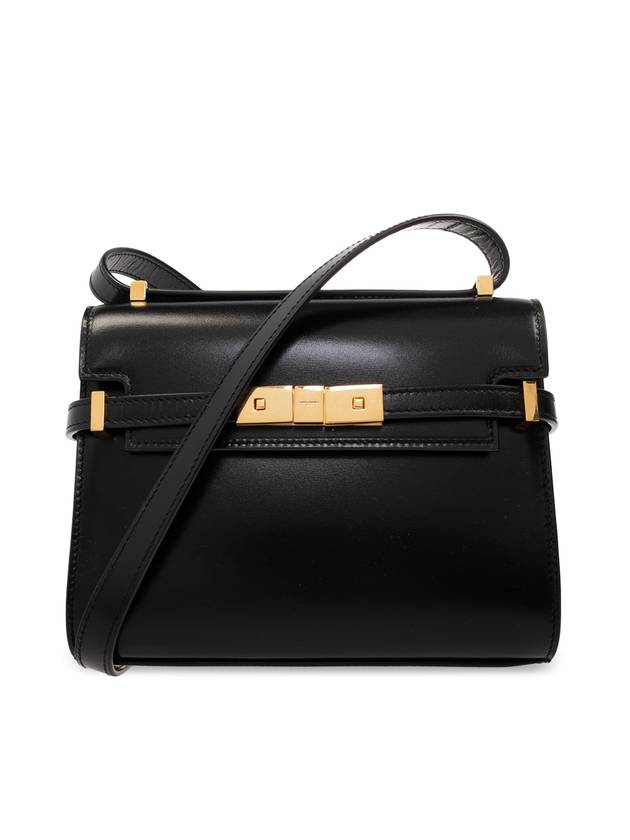 생로랑 맨해튼 미니 엠보스드 골드톤 로고 레더 크로스 백 블랙