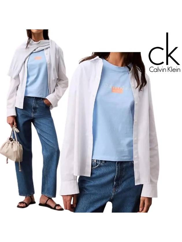 캘빈클라인 반팔 여성 심플 미니뉴욕 탑 티셔츠 블루