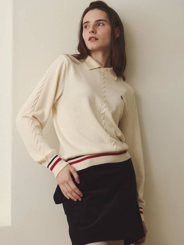 포셔드 캐시울 케이블 카라 니트 탑 _ 아이보리