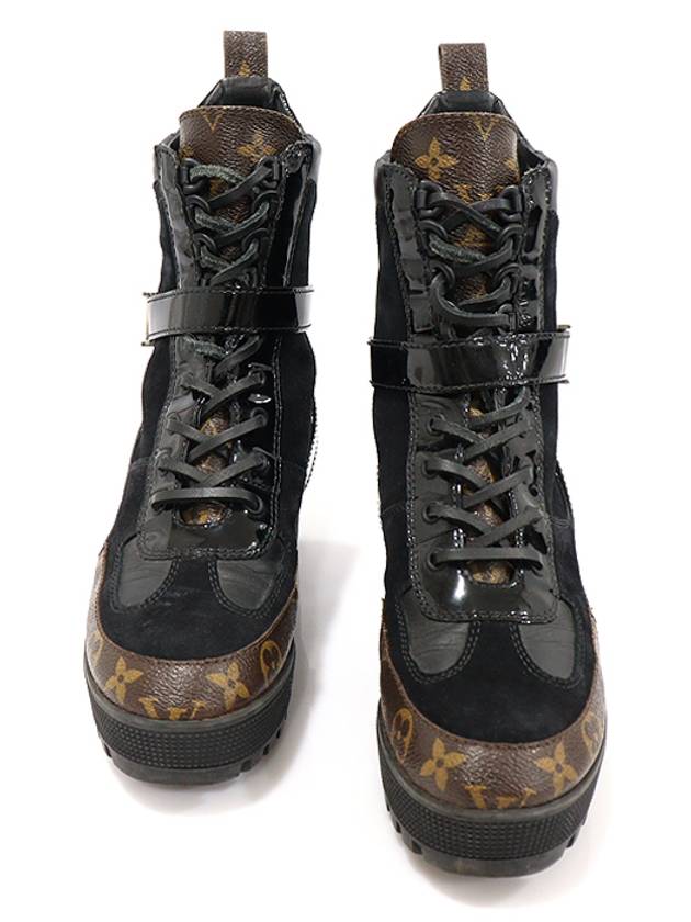 블랙 스웨이드 모노그램 캔버스 플랫폼 데저트 여성 앵클 부츠 37.5
